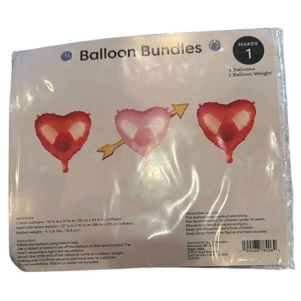 Valentine's Day Balloon Bundle 3 Heart Shaped Foil Balloons and Weight - Picture 2 of 5